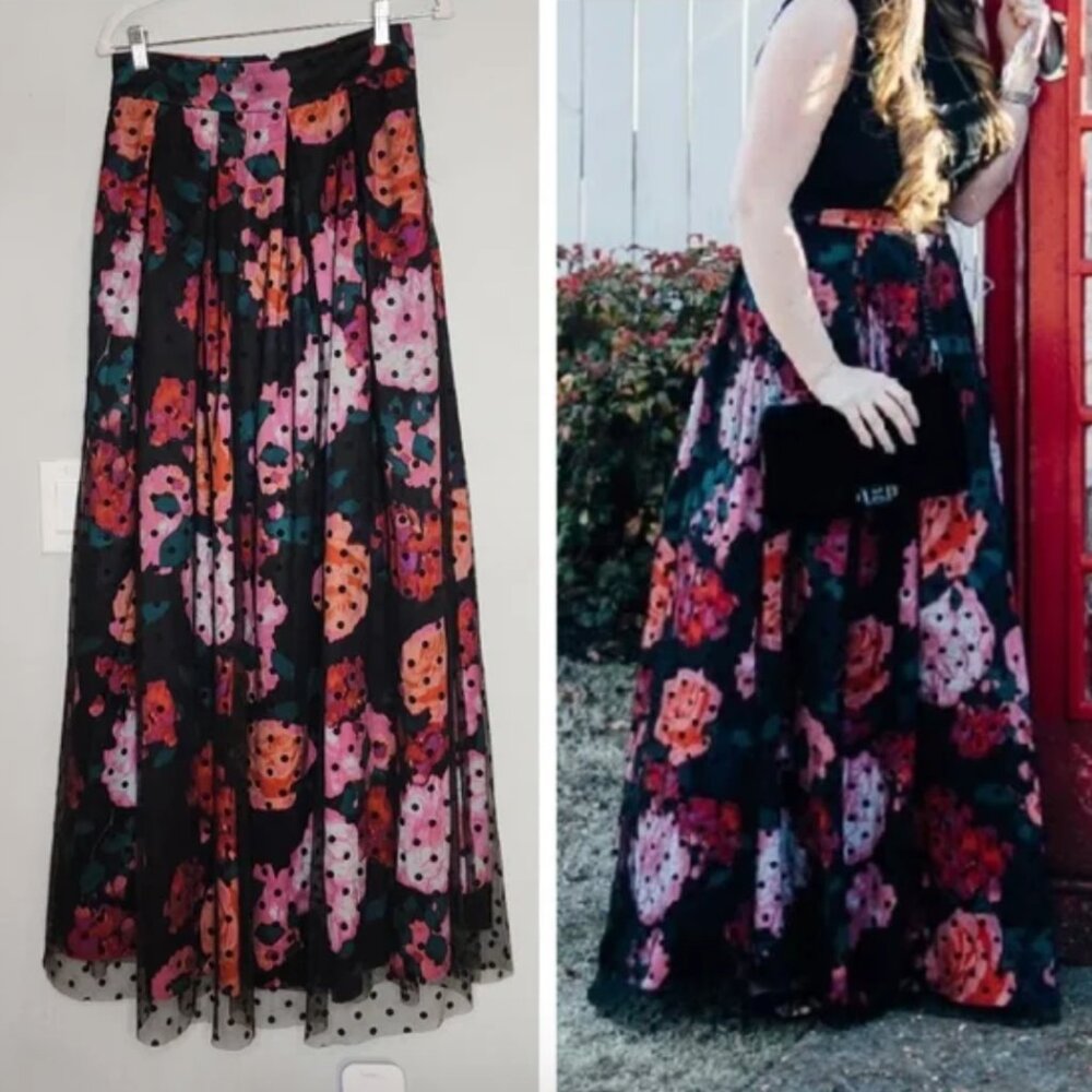 Eliza J Swiss Dot Overlay Black Floral Ballroom Maxi Skirt Pockets Womens  6